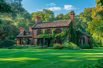 Scenic view of a stone classic house in a green field with green leafy trees in rural England.
