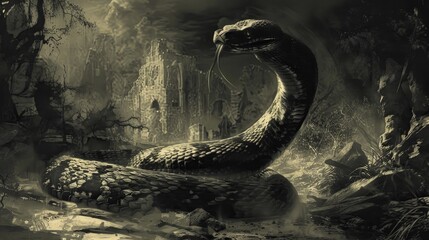 Describe the sense of mystery and intrigue surrounding the snake, its presence shrouded in shadow and secrecy in the illustration.