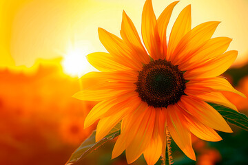 Obraz premium Yellow sunflower in the sunset light. Sunflower, close-up. Yellow big flower.