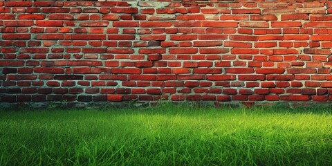 Red brick wall with grass floor 