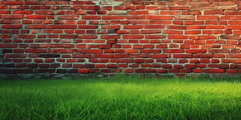 Poster Mur de briques Red brick wall with grass floor 