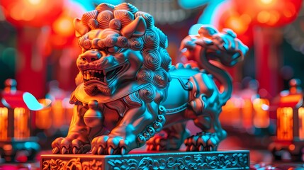 Cyber stone lion statue and lantern abstract background - obrazy, fototapety, plakaty