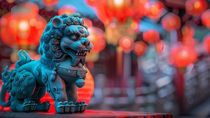 Cyber stone lion statue and lantern abstract background