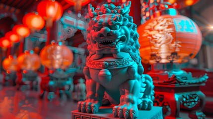 Fototapeta premium Cyber stone lion statue and lantern abstract background