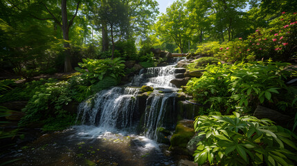 Summer Greenery Framing Waterfall: Highlighting Natural Beauty in Vibrant Seasonal Surroundings