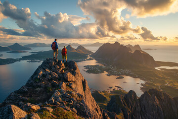 A wide angle photo of two hikers on top of a very high mountain, The view is over a vast ocean and islands with a dramatic sky, It's a summer evening, golden hour - Powered by Adobe