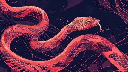 Capture the sinuous movement of the snake as it gracefully slithers across the illustration, its body twisting and turning with fluidity.
