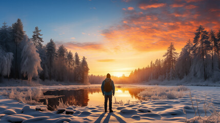 A person in jacket standing on the edge of a lake surrounded by a snow-covered forest, The...
