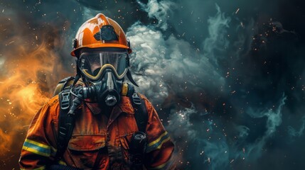 Obraz premium Close-up of fireman worker portrait. Emergency assistance, saving lives in a fire