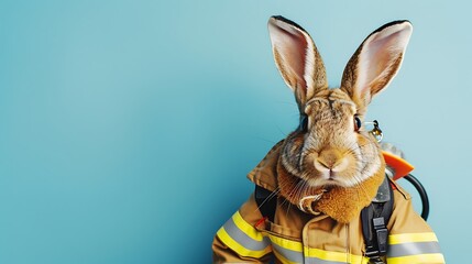 Charming Hare in Fireman Uniform on Blue background