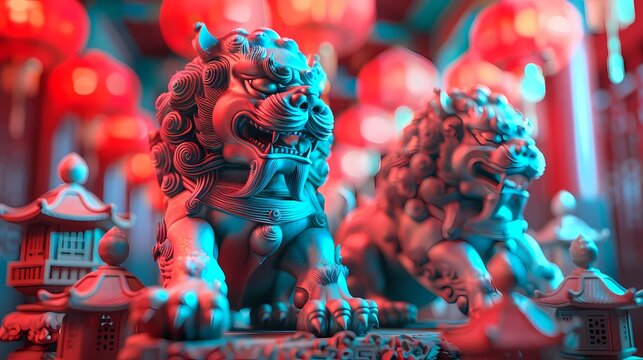 Cyber stone lion statue and lantern abstract background