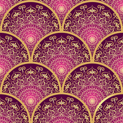 Vector vintage hand drawn seamless pattern with lacy golden and purple gradient mandalas