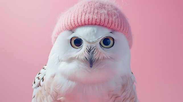 Close up representation of a white owl in a pink cap on pink background