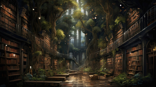 a painting of a library in the middle of a forest