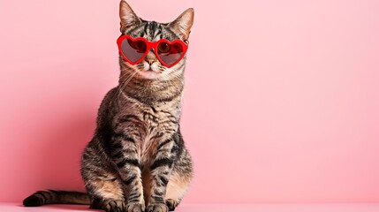 Cute funny cat in red heart shaped sunglasses sits on a pink background - obrazy, fototapety, plakaty