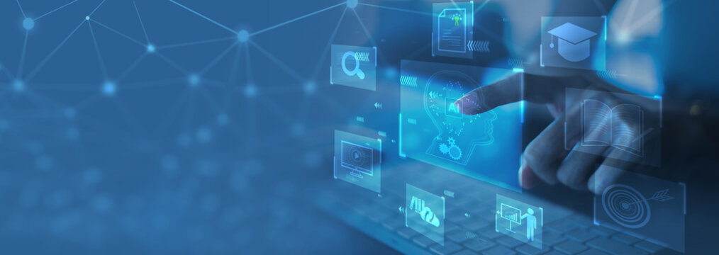 E-learning technology, webinar, online education and training to develop new skills and knowledge. AI-enhanced learning with personalized courses. Remote learning on internet. Virtual screen