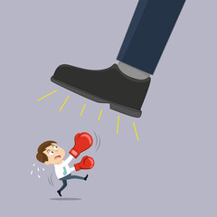 Businessman In Boxing Gloves Fighting Big Foot Giant Man. 
Small Business Fighting Big Business Concept.Flat, Vector, Illustration, Cartoon, EPS10.