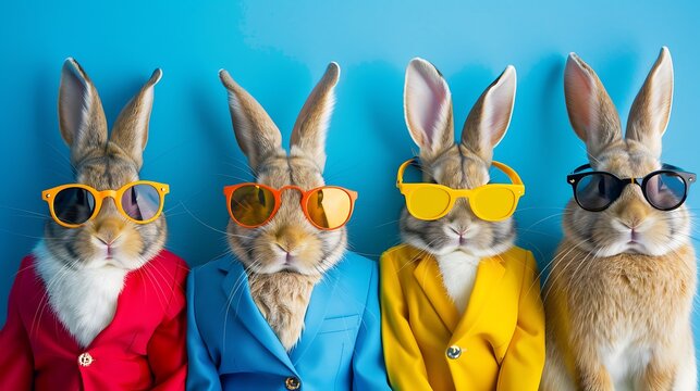 entertaining bunnies in bright suits and shades on a blue background