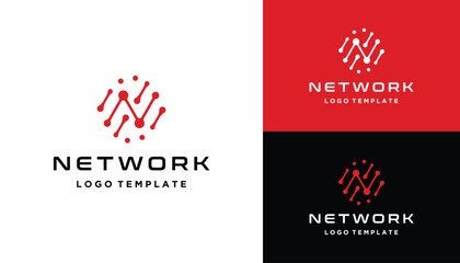 Modern Initial Letter N with Hexagon Digital Wire Line Dots For Futuristic Network Link Logo Design
