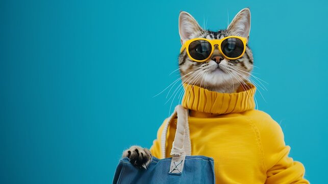 Entertaining feline in a yellow pullover and shades sits with a bag on a blue background