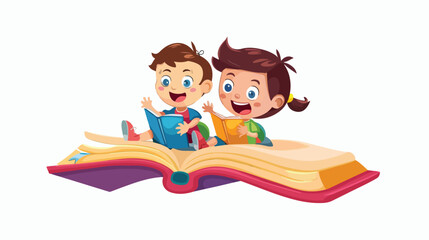 Cartoon Happy Children riding book Flat vector isolated