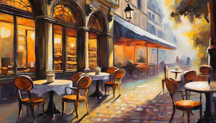 oil painting featuring a quaint Parisian café from a bygone era. Generative AI. - obrazy, fototapety, plakaty