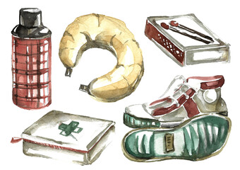 Travel planning. List of things for a hike. The set includes a checkered thermos, a beige inflatable head pillow, a box of matches, a box with a zipper and sneakers. Hand drawn watercolor illustration - obrazy, fototapety, plakaty