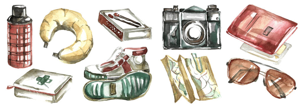 Travel season. List of necessary things for the trip. Documents and a road map, comfortable sneakers and a thermos, medicine and a camera, a pillow and sunglasses. hand drawn watercolor image