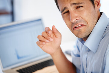 Laptop, crying or sad businessman in office for financial crisis, stress or frustrated by 404...