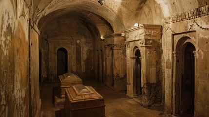 An eerie, underground crypt adorned with ancient coffins