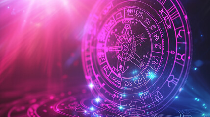 A purple light and geometric background with an astrological wheel