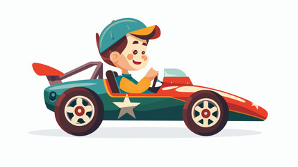 Cartoon little boy driving racing car Flat vector isolated