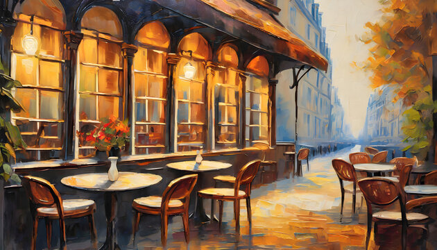 oil painting featuring a quaint Parisian café from a bygone era. Generative AI.
