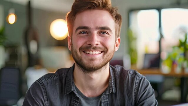 Smiling young man with a beard in casual clothing. Indoor setting with natural light
