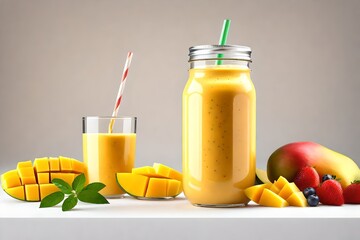 Mason jar of tasty mango smoothie and fresh fruit on a white background - obrazy, fototapety, plakaty