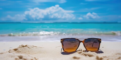 Sunglasses on sandy beach in summer