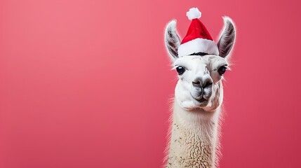 llama with a Christmas cap on a pink background