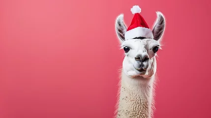 Foto auf Acrylglas llama with a Christmas cap on a pink background © Emma