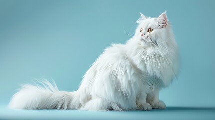 long haired fleecy white persian feline on plain blue background side ways view