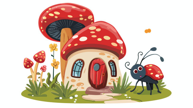 Cartoon small insect with mushroom house Flat vector