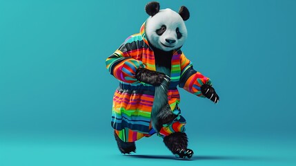 Panda wearing brilliant garments moving on the blue background