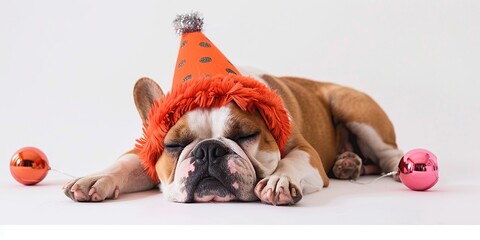 Bulldog with Party Hat Asleep - obrazy, fototapety, plakaty