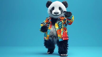Panda wearing brilliant garments moving on the blue background
