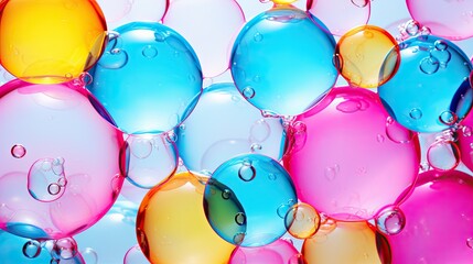floating, flying transparent bubbles in the colors of cyan, magenta, and yellow. The bubbles should appear to be suspended in mid-air, with light reflecting off their surfaces