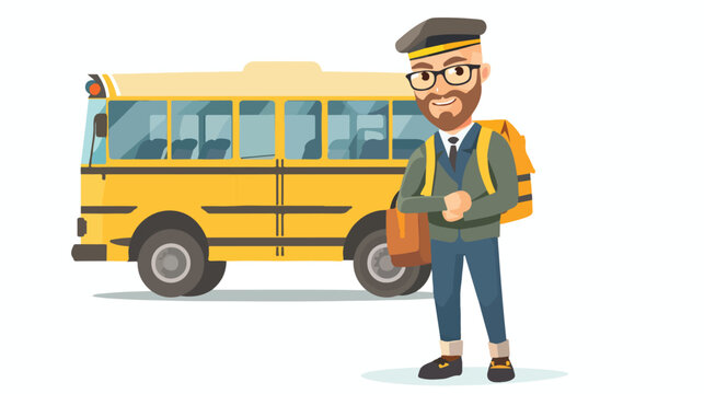 Caucasian cheerful school bus driver standing on the