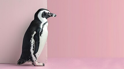 Obraz premium penguin looks around a corner a pink background