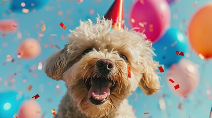 Adorable Fluffy Dog Celebrating  Vibrant Party Hat