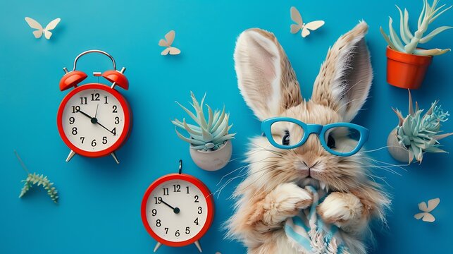 Picture of april schedule and adorable jokester on blue background