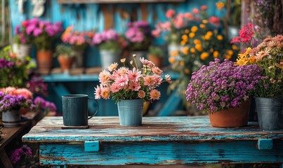 Wooden table on the terrace against a background of flowers.