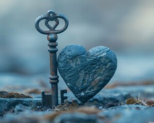 Antique Key Unlocking Stone Heart, Misty Atmosphere, Symbolic Image of Freedom